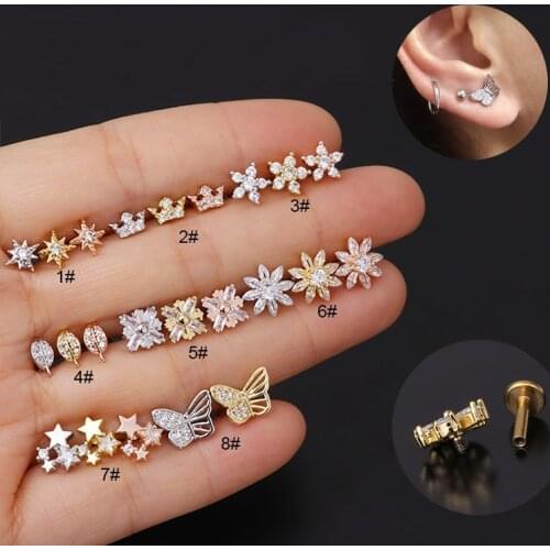 1Piece Diameter 1.2mm Internal Rod Piercing Earrings for Women 2021 Trend Fashion Jewelry Cute Star Leaf Zircon Stud Earrings
