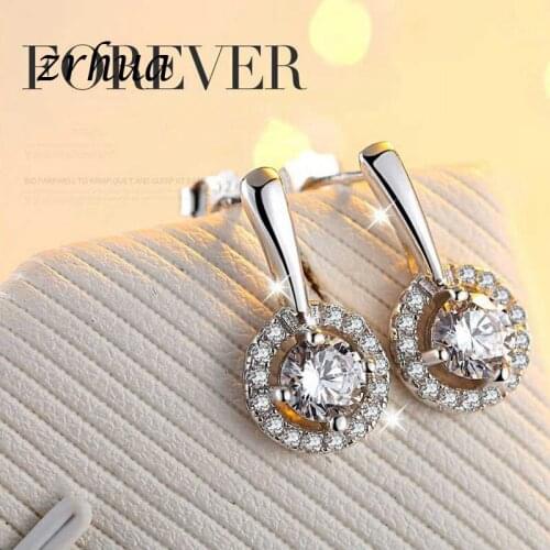 ZRHUA Top Quality Silver 925 Original Stud Earrings for WomenLuxury Zircon Fashion Jewelry Gorgeous Round Crystal Ear Bijoux
