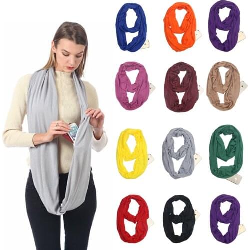 1pc Soft Loop Scarf with Pocket Zipper Pocket Cotton Scarf for Women Winter Warming Ladies' Scarf 16 Colors Accept Dropshipping