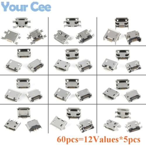 60pcs=12 Values*5pcs 5 Pin SMT Socket Connector Micro USB Type B Female Placement SMD DIP Socket Connector Component DIY Kit