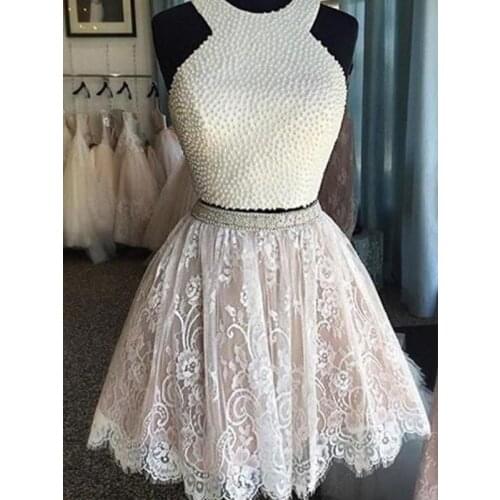 Two Pieces A-Line Halter Knee Length Satin Short Prom Dresses With Pearls Lace Ruffles Beading