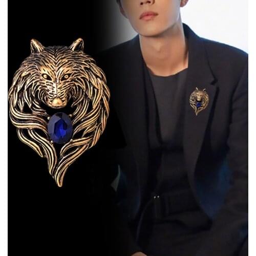 New Vintage Animal Wolf Brooche Rhinestone Collar Pins Badge Brooches Fashion Suit Shirt Clothing Jewelry for Men Accessories