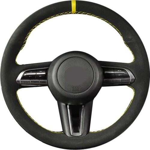 Black Suede Yellow Marker DIY Hand Stitched Car Steering Wheel Cover For Mazda CX-30 CX30 2019-2020 Mazda 3 Axela 2019-2020