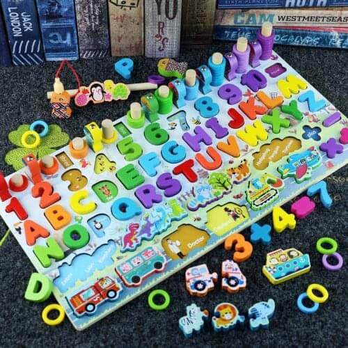 Wooden Fishing Toys Montessori Educational Digital Animal Traffic Figure Matching Puzzle Preschool Busy Board Childrens Toys