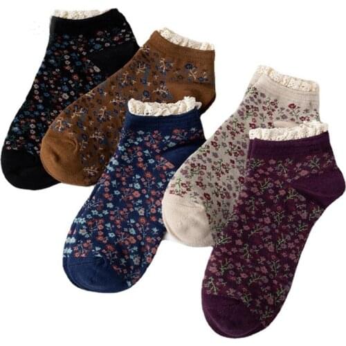 5 Pair Floral Decor Aesthetic Socks Women Fashion Lace Designer Socks Cotton Short Spring Vintage Kawaii Cute Girl Style Sokken