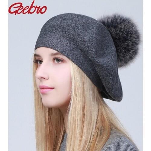 Geebro Women Berets Hat Winter Casual Knitted Wool Berets With Natural Raccoon Fur Pompon Ladies Solid Color Beret Hats GS109