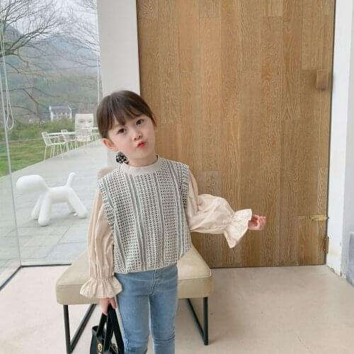 Autumn fashion puff sleeve patchwork loose Tops for girls cotton all-match soft casual clothes