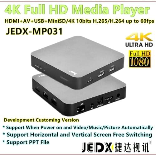 JEDX MP031 4K Full HD Media Player with HDMI2.0/AV/USB/MiniSD Card 4K 10bits HDR H.265/H.264 VP8 Video up to 60fps
