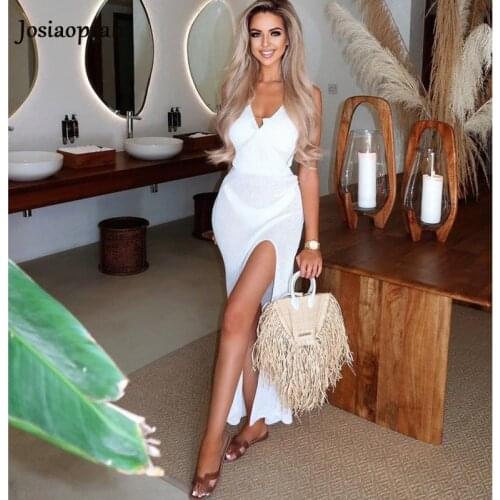 Josiaoprah Sexy white mesh summer women maxi dresses Beach spaghetti strap backless plus size dress femme long dress vestidos