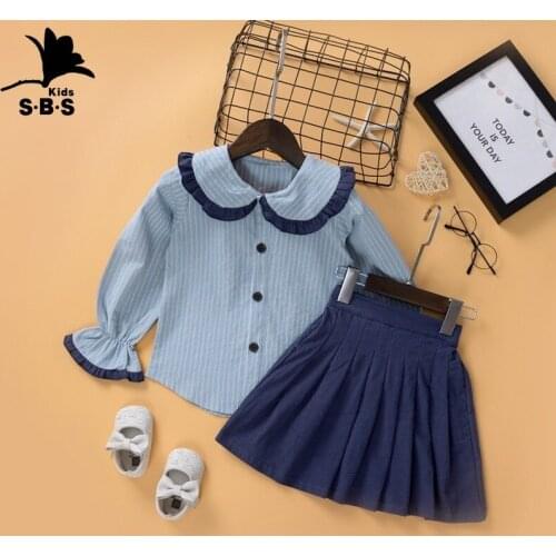 Girls Skirt Set Doll Collar Long Sleeve Striped Top and Pure Color Pleated Mini Skirt Two Piece Childrens Autumn Clothes Set