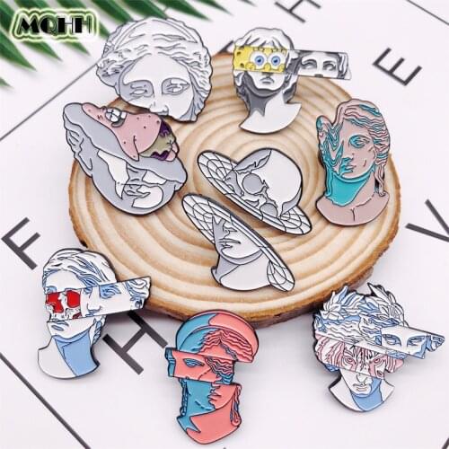 Creative Amazing Art Enamel Pins Split Head Sculpture Badges Brooches Cartoon Sponge Patrick Bag Clothes Lapel Pin Jewelry Gift