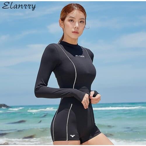 2020 Newest Women Sport Swimsuit Black Long Sleeves Two Pieces Swimwear Padded High Waisted Surfing Suit Maillot De Bain Femme