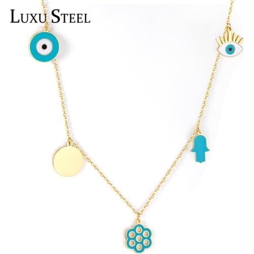 LUXUSTEEL New Trendy Necklace For Girls Stainless Steel Gold Color Flower Blue Eye Hand Round Shape Pendant Necklace Collars