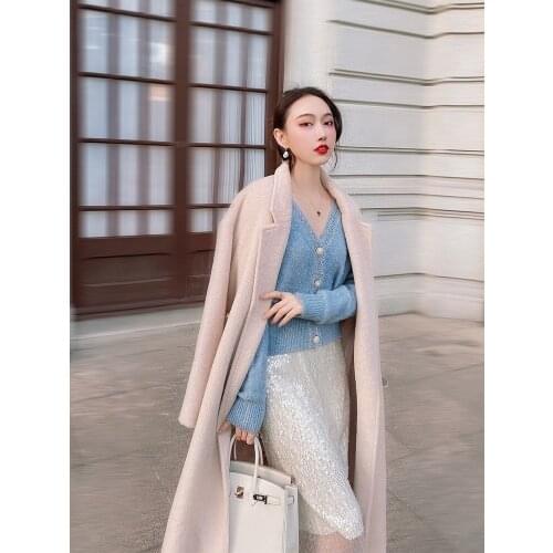 Original embryo oatmeal color, luxury and super warm queen long-haired vicuña lapel waist skirt coat