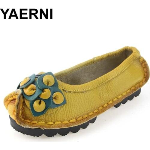 YAERNI Handmade Autumn Women Genuine Leather Shoes Cowhide Loafers Real Skin Shoes Folk Style Ladies Flat Shoes For Mom sapato