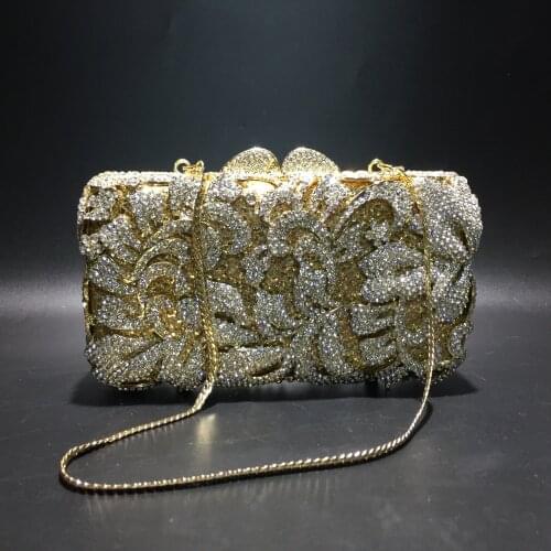 Dazzling Gold Crystal Women Evening shoulder Bags Hollow Out Stones Beaded Wedding Clutch Bridal Diamond Minaudiere Purse lady