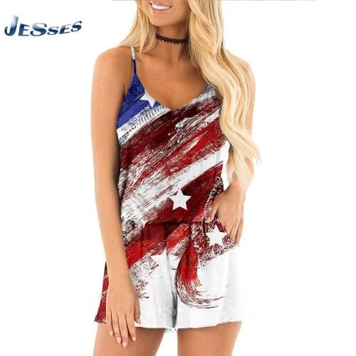 Casual Homewear Jumpsuit Ladies Suspenders Sexy Shorts Suit American Independence Day Printed Loose Oversize Playsuit For Woman