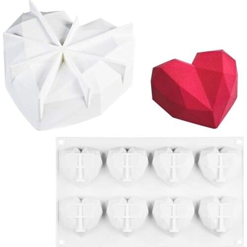 White 8 Cup Diamond Heart Shaped Silicone Mold for Chocolate Dessert Shaped Mousse Cake Silicone Mold，3D