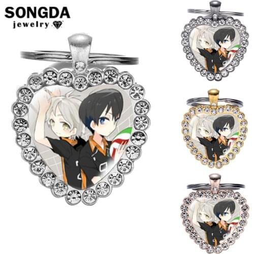 SONGDA Volleyball Junior Anime Keychain Transparent Glass Heart Cute Key Chain Ring For Women Couple Gift Boyfriend Collections