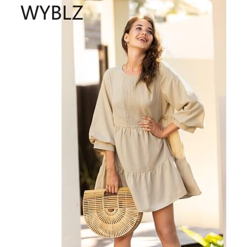 WYBLZ Womens High Waist Sundress Fashion Puff Sleeve Dress Solid Short Vestidos Female Round Neck Robe Femme Loose Mini Dresses