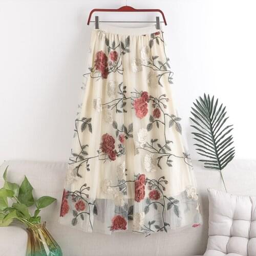 2021 New Women A-Line Skirt Stretch High Waist Flower Embroidery Women Long Skirt Femme Faldas Jupe Saia Spring Women Mesh Skirt