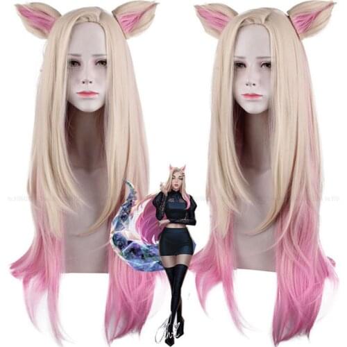 Women Game League of Legends LOL KDA Evelynn Purple Wig Girls Ahri Kda Akali Ear Long Hair Wigs Carnival Party Cosplay Costumes