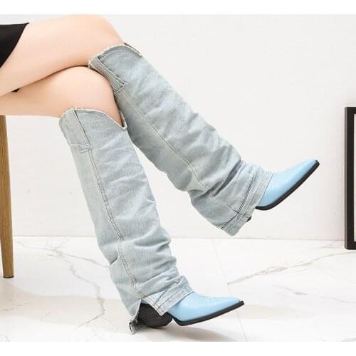 Unique Pleated Blue Denim Runway Boots Women Sexy Point Toe Square Heel Genuine Leather Sewing Knight Boots Woman Size
