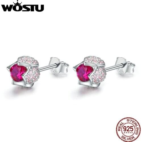 WOSTU Hot Fashion Silver 925 Jewelry Sparkling Red Tulip Shape CZ Earring For Women Earring Gift Wedding BNE042
