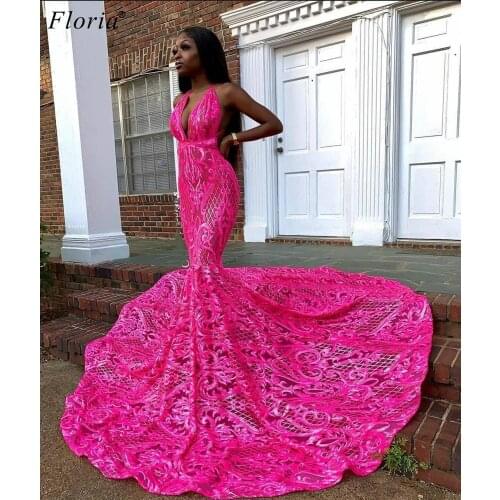 African Fuchsia Lace Prom Dresses 2020 Long Black Girls Evening Dresses Woman Party Night Mermaid Vestidos De Festa Gowns