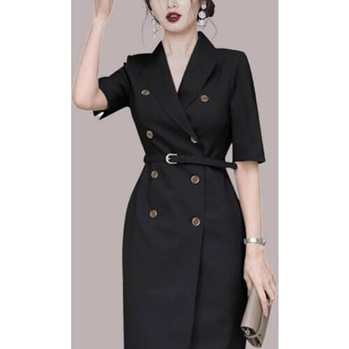 Summer Short Sleeve Double Breasted Black Dresses for Women Casual Streetwear Dresses Sheer OL Office Work Korean Dress Ladies
