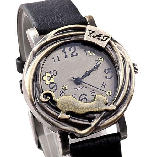 Vintage Women Watch Jewelry Cat Flower Case Faux Leather Band Quartz Clock Analog Wrist Watch reloj mujer Ladies Watch