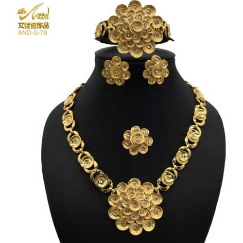 Jewelery Set Bridal Necklace Sets For Womens Flower Dubai Gold Luxury Wedding Errings Bracelet Ring Nigerian Womans Ethiopian