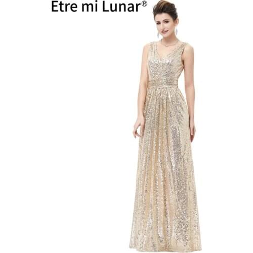 2021 Vintage Hot Sexy V Neck Evening Dress Champagne Gold Black Burgundy Silver Sequin Prom Dress Long Vestido L3101