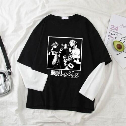 Tokyo Avengers Long-sleeved T-shirt Hip-hop Streetwear 200s Autumn Vintage Harajuku Cotton O-neck Fake Two-piece top Y2k Clothes