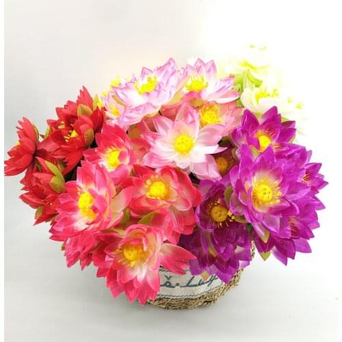 7 Heads Artificial Lotus Flowers Bouquet with Green Leaves Fake Plan Dried Flowers Wedding Home Spring Decorating Dried Flowers