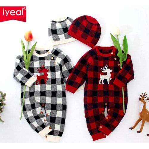 IYEAL Autum Newborn Plaid Knitted Cotton Jumpsuits Infant Kids Baby Girls Boys Knit Romper Christmas Children Baby Clothes
