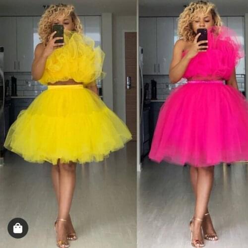 Fashion 2 Pieces Evening Formal Dresses African Women Yellow Puffy Tull Knee Length Party Dresses