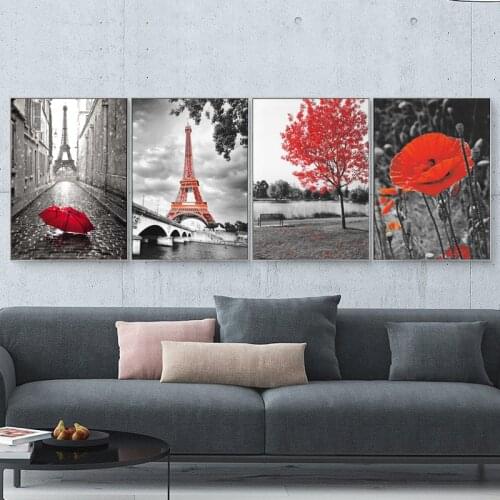 Modular Wall Art Tower Canvas Red Umbrella Paintings Paris Pictures Prints Street Lamp Poster Scenery Home Decor Office