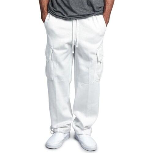 Men Plus Size Casual Pants M-5XL Autumn Pockets Lace Up Solid Color Middle Waist Trousers Fashion Male Straight Pants