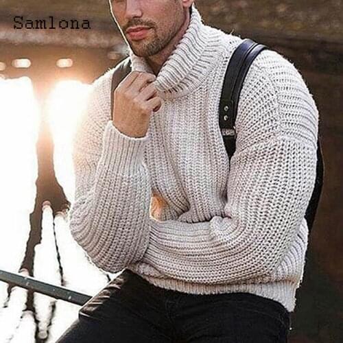 Samlona Plus Size Mens Autumn New Knitting Sweater Casual Long Sleeve Turtlenecks Top Pullovers Sweaters Sexy Men Clothing 2021