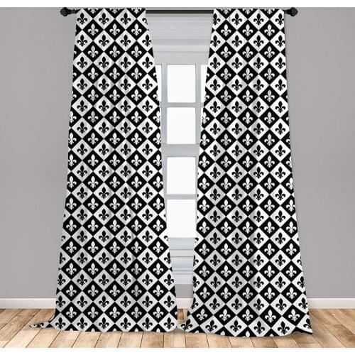 Fleur De Lis Window Curtains Checkerboard Rectangles European Heraldic Design Monochrome Emblem Window Drapes with Rod Pocket