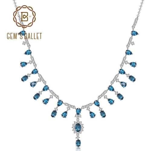 GEMS BALLET 14.6Ct Natural London Blue Topaz Gemstones Necklace Luxury 925 Sterling Silver Y-Necklace for Women Wedding Jewelry