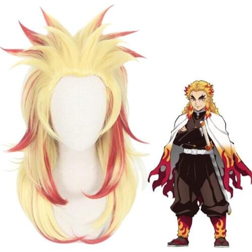 47cm Anime Yellow Red Wig Cosplay Demon Slayer Kimetsu no Yaiba Rengoku Kyoujurou Costume Heat Resistant Synthetic Hair Wigs