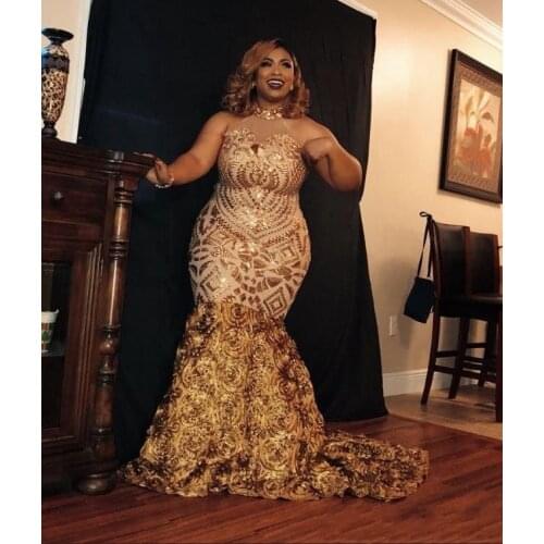Sexy Glitter African Girls Mermaid Gold Prom Dresses Plus Size 2020 Sleeveless Halter Sequin Women Long Party Evening Gowns