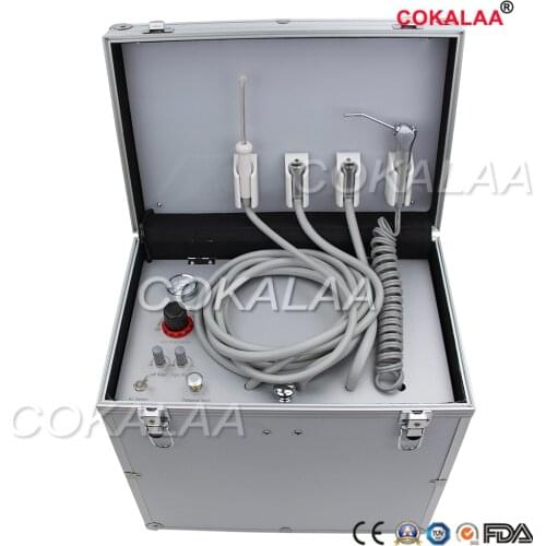 Portable Dental Unit with High and low speed HP Pipe,cokalaa 3 Way Syringe, Oilless Air Compressor, Water bottle, Foot Control