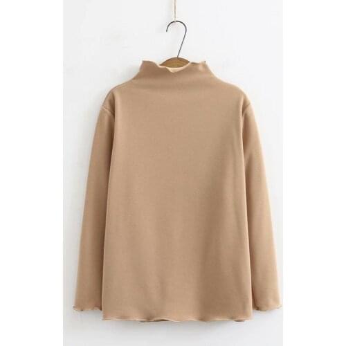 Plus size women Ruffled collar women fleece cotton winter tshirts 2021 new casual ladies soft Solid brwon black khaki t shirts