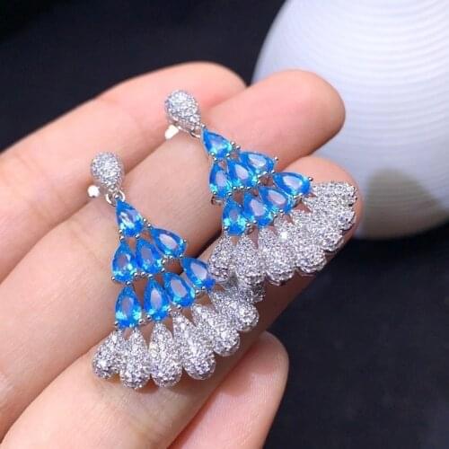 Luxurious long tassels Fan strand natural blue topaz drop earrings Natural gemstone earrings 925 silver women party gift jewelry