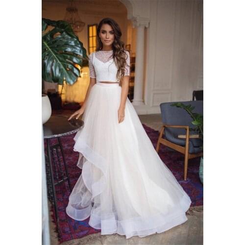 Sequined Wedding Dresses Bateau Short Sleeve Asymmetrical Train Sequined Embroidery Two Pieces Bridal Gowns vestidos de novia