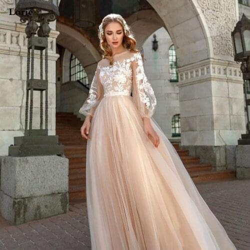 Lorie Champagne Princess Wedding Dress A-Line Puff Sleeve Wedding Gowns Boho Lace Appliques Lace Bridal Dresses