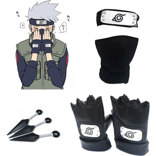 Japan Cosplay Fans Naruto Anime Accessories Hatake Kakashi Black Gloves Face Mask Headband Weapon Kunai Notebook Props Toy Men